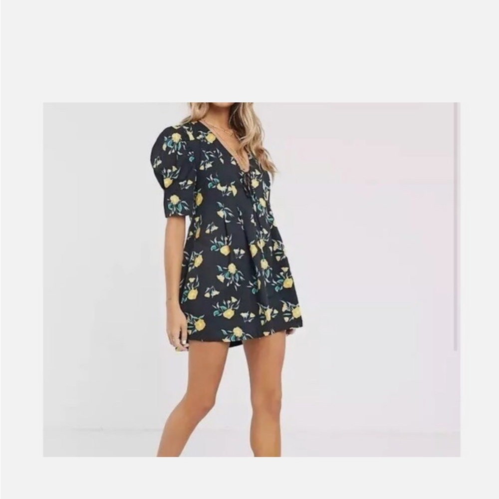 Free People Black Adelle floral all over print mini tunic puff sleeve dress